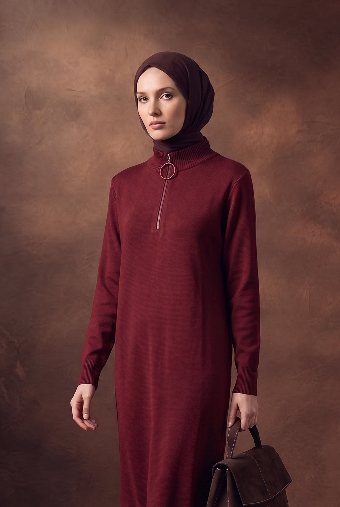 Fermuar Detaylı Dik Yaka Uzun Kollu Modern Şık ve Günlük Tunik Bordo 25KTD4113
