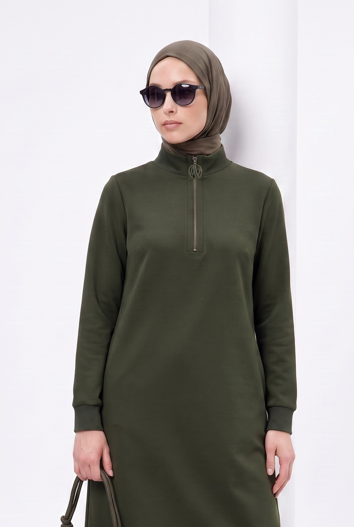 Fermuar Detaylı Uzun Basic Tunik Küf Yeşili AGTN1412