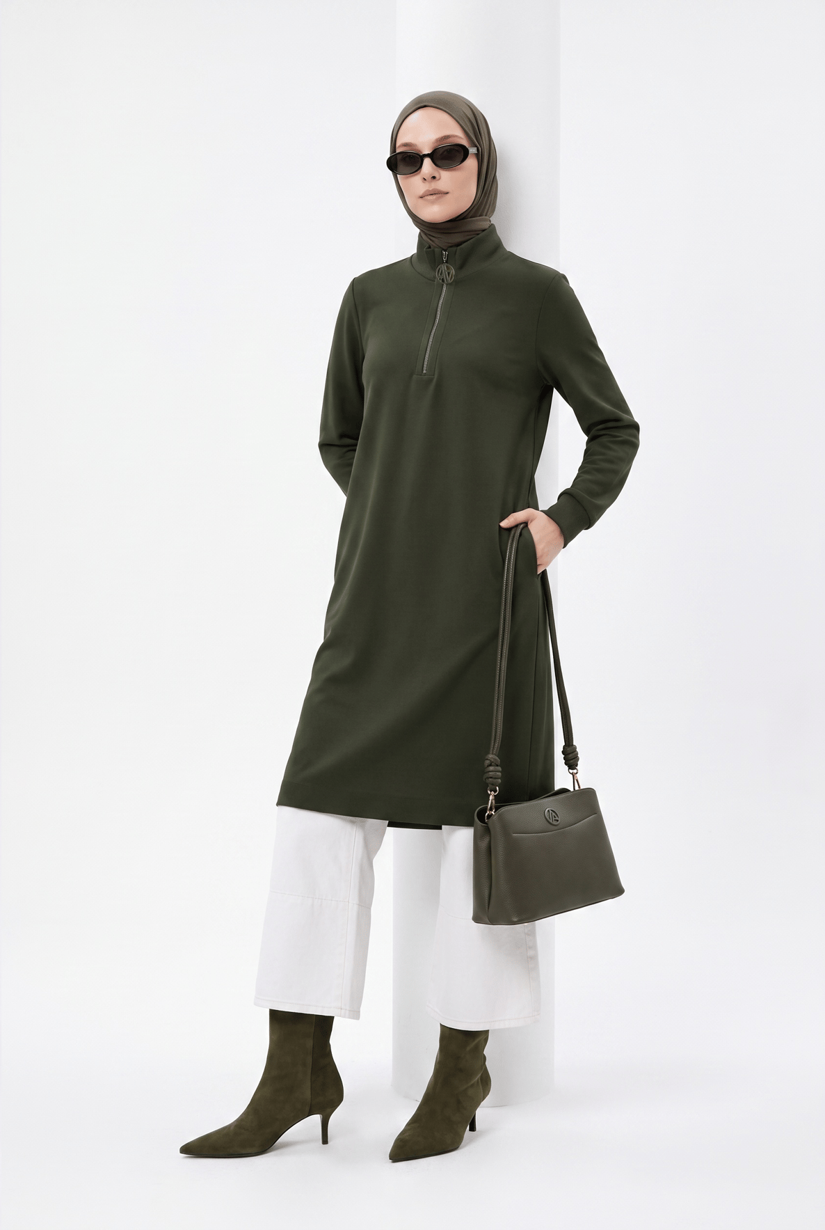 Fermuar Detaylı Uzun Basic Tunik Küf Yeşili AGTN1412
