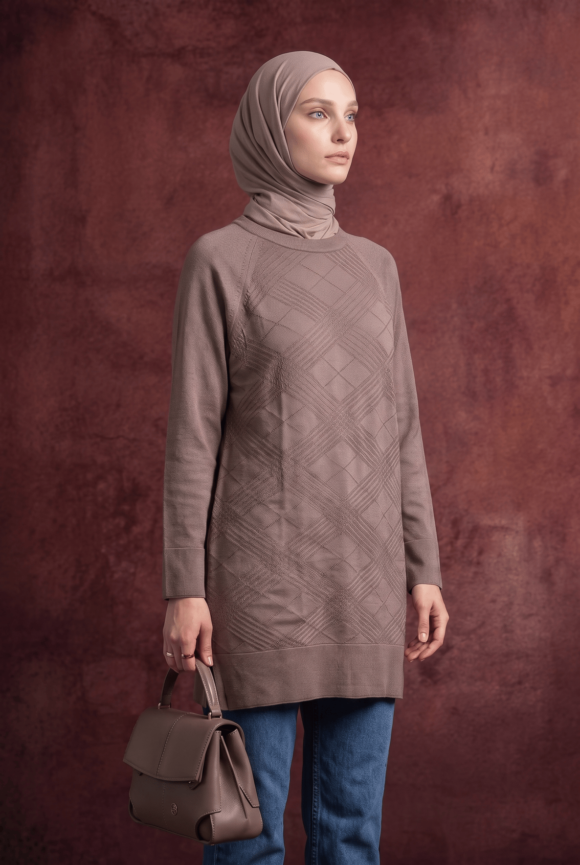 Geometrik Desenli Bisiklet Yaka Uzun Kollu Rahat Kesim Tunik Mocha 26KTD411