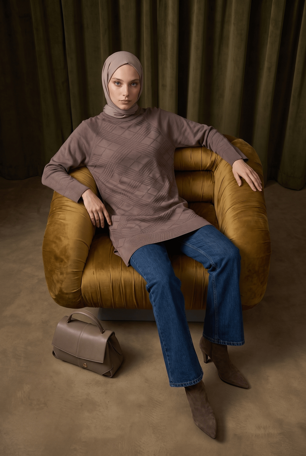 Geometrik Desenli Bisiklet Yaka Uzun Kollu Rahat Kesim Tunik Mocha 26KTD411