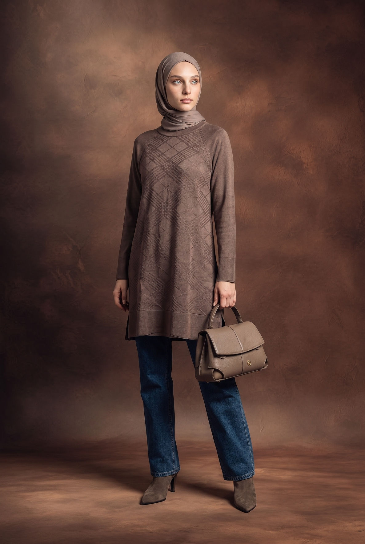 Geometrik Desenli Bisiklet Yaka Uzun Kollu Rahat Kesim Tunik Mocha 26KTD411