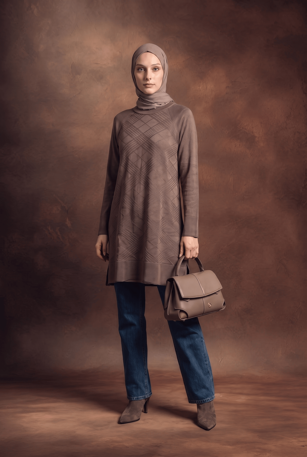 Geometrik Desenli Bisiklet Yaka Uzun Kollu Rahat Kesim Tunik Mocha 26KTD411
