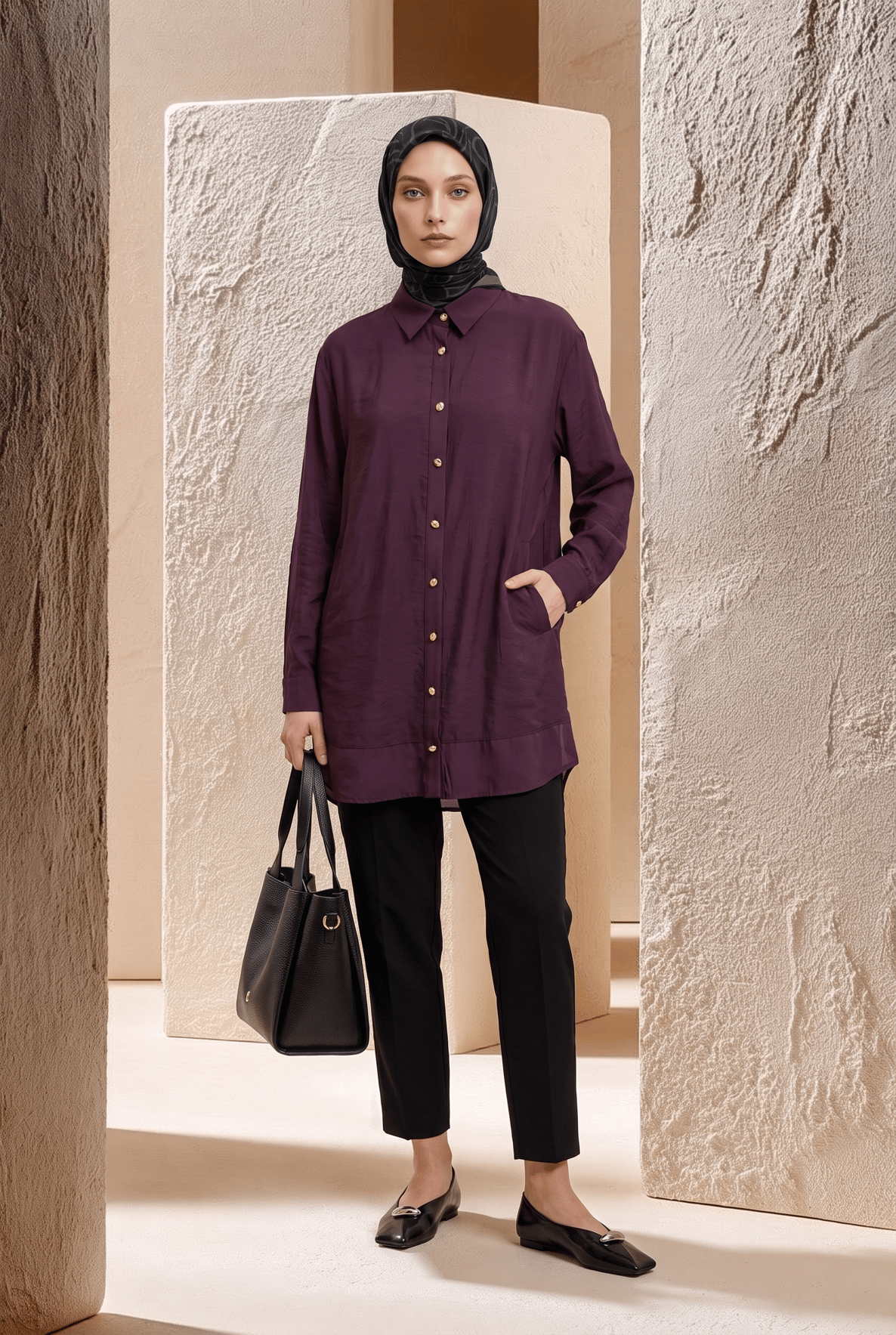 Gold Düğme Detaylı Klasik Yaka Uzun Tunik Rahat Kesim Şık Tesettür Tunik Modeli 89 cm Boy Bordo 26YT471