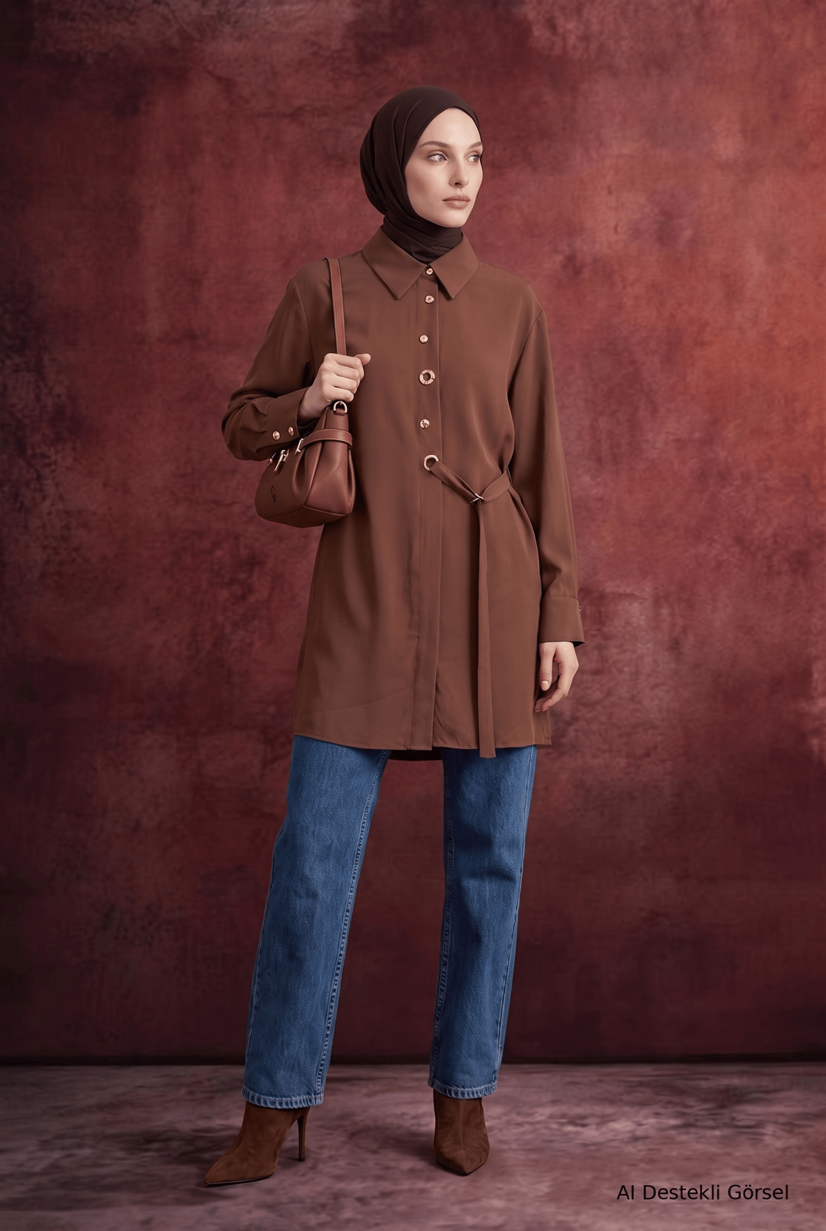 Gömlek Yaka Kuşgözü Detaylı Kuşaklı Tunik 91 Cm Boy Camel 26KT431