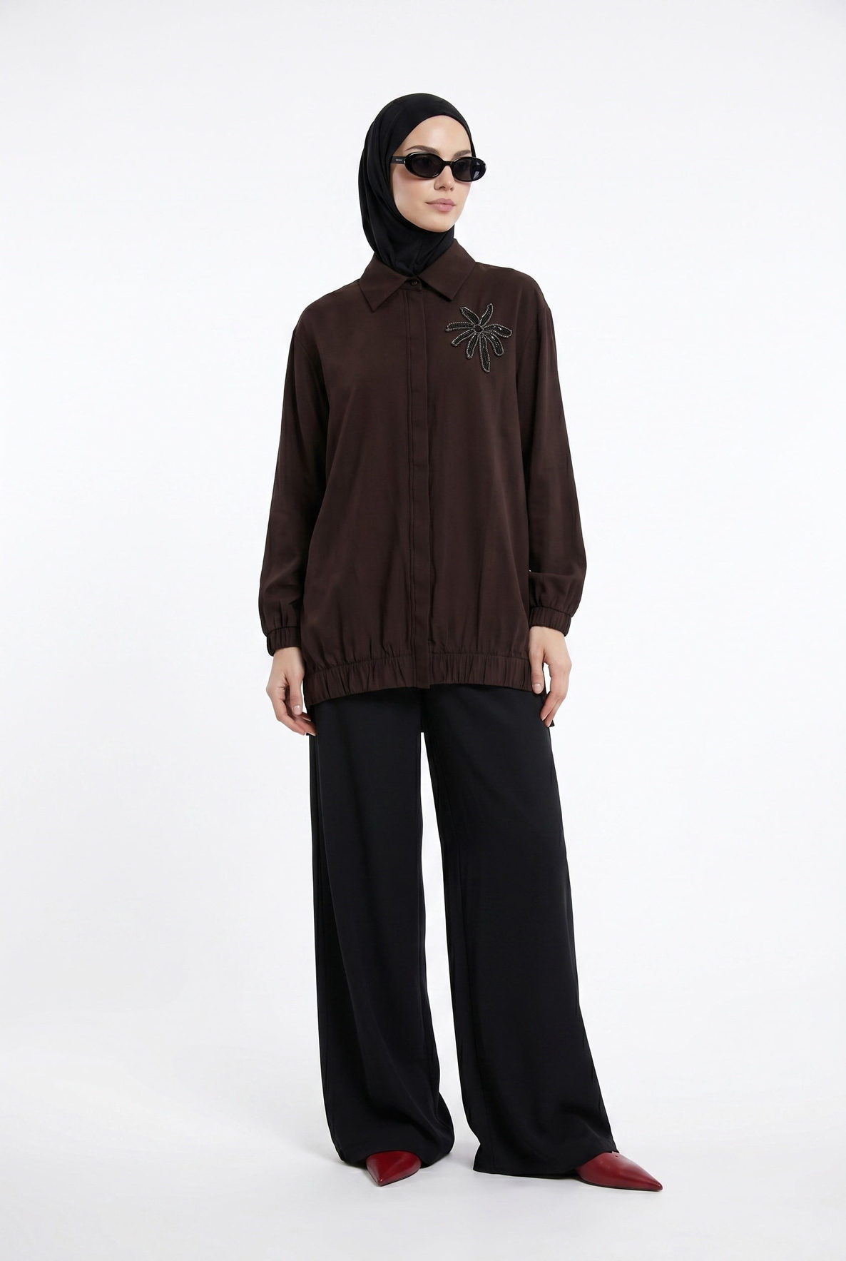 Gömlek Yaka Palmiye Taş İşlemeli Kolları Lastikli Tunik Kahverengi 26YT405