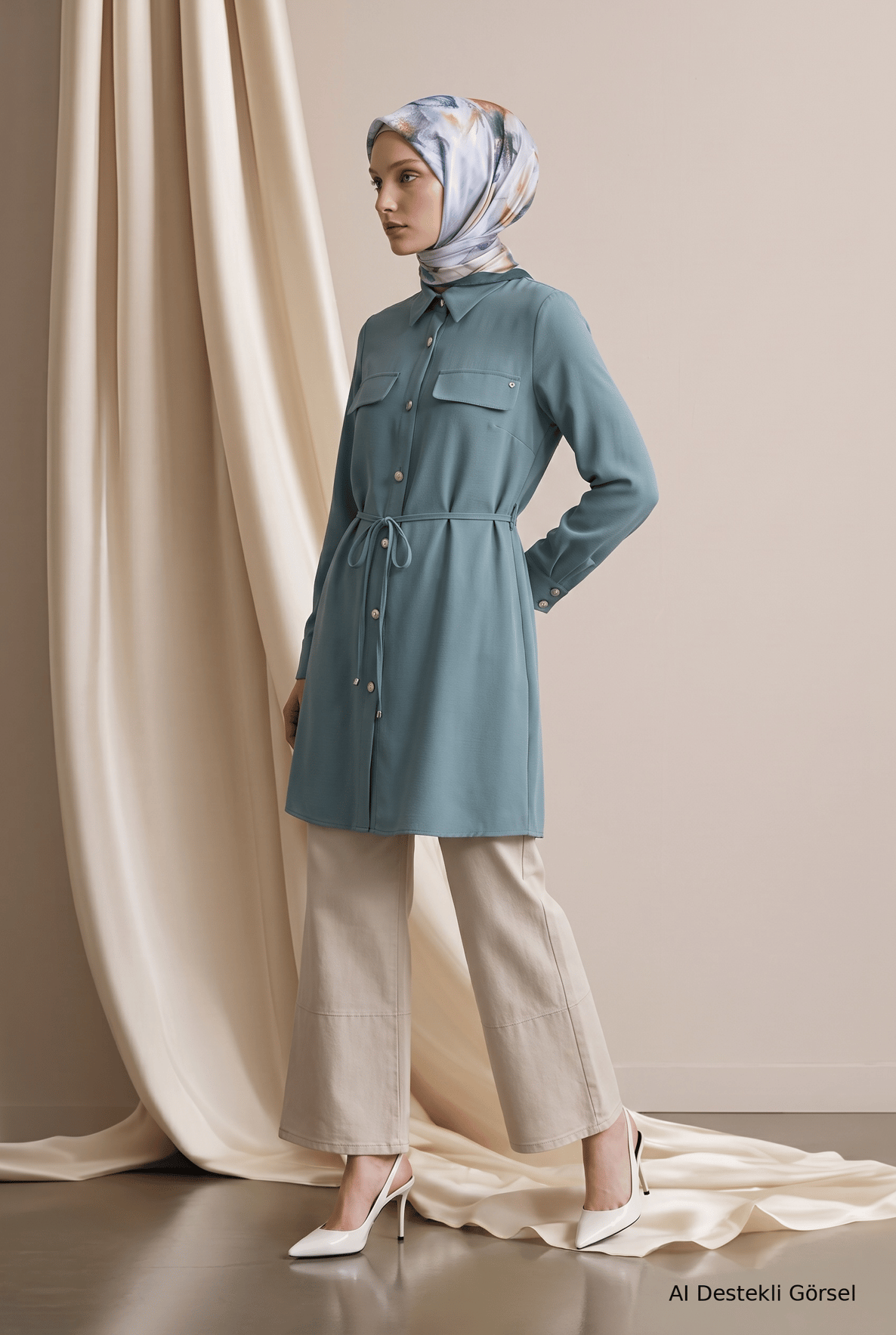 Gömlek Yaka Tam Boy Düğmeli Çift Cepli Tunik 88 Cm Boy Mint 26KT483