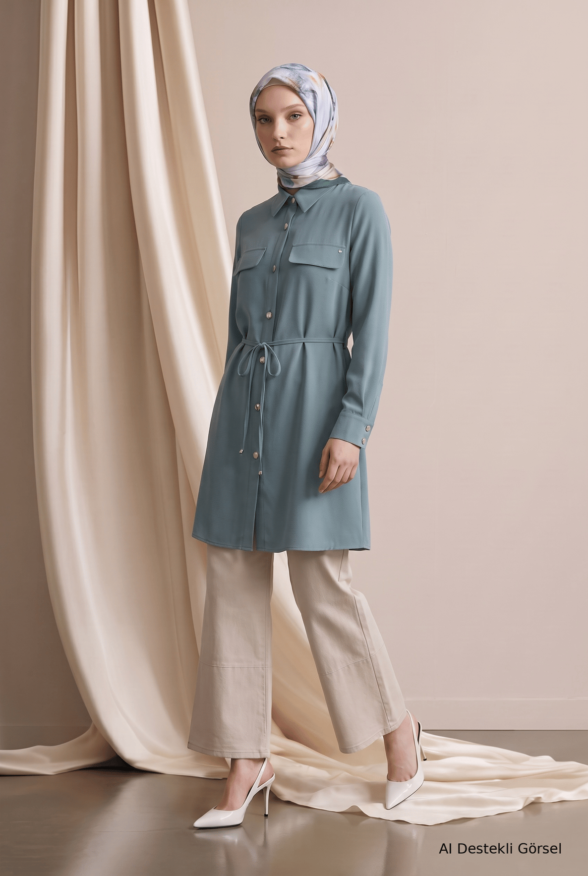 Gömlek Yaka Tam Boy Düğmeli Çift Cepli Tunik 88 Cm Boy Mint 26KT483