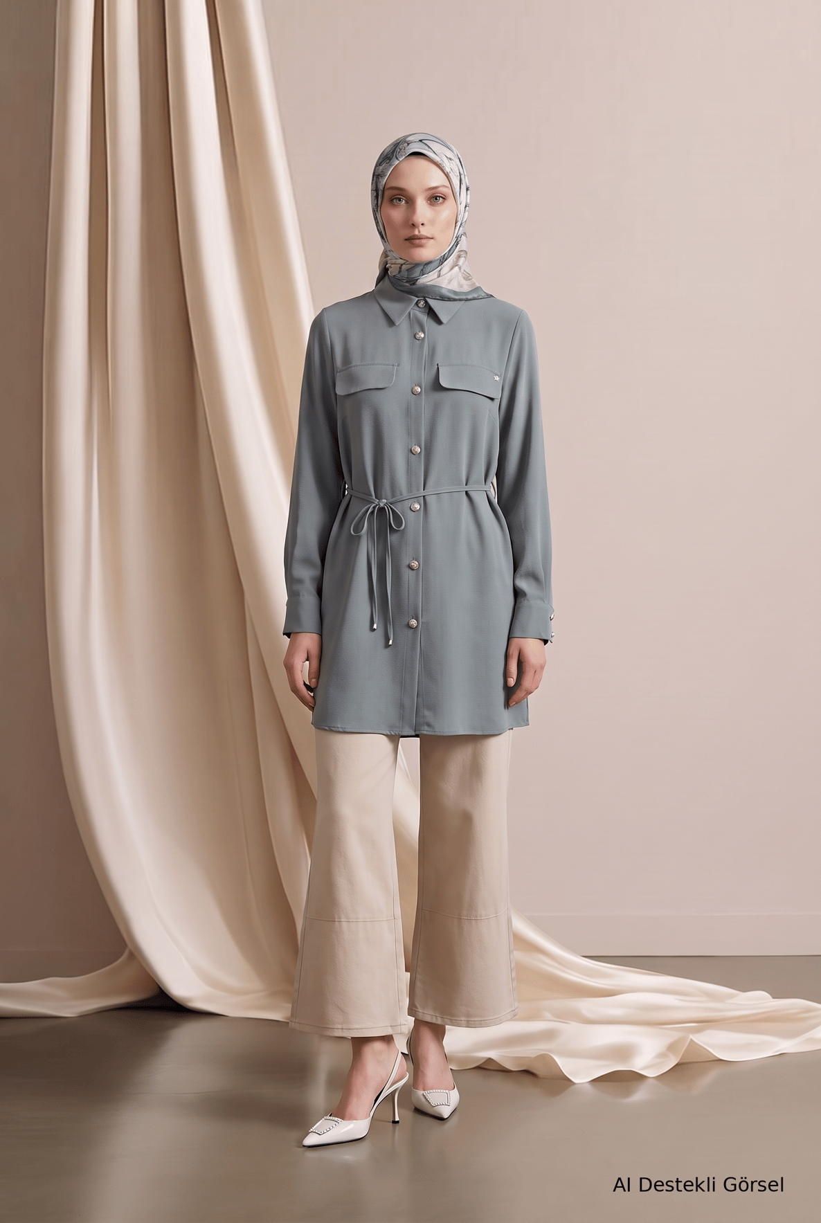 Gömlek Yaka Tam Boy Düğmeli Çift Cepli Tunik 88 Cm Boy Mint 26KT483