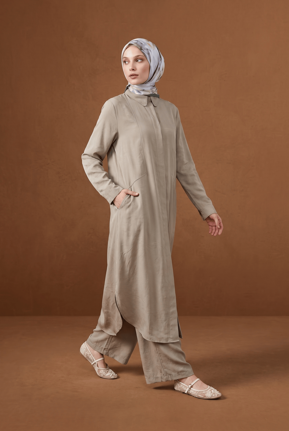 Gömlek Yaka Uzun Tunik Beli Lastikli Bol Paça Pantolon İkili Takım Vizon AGTK2628