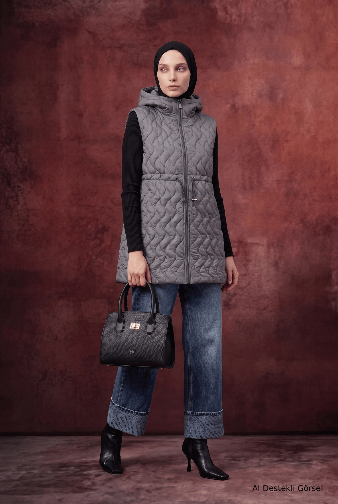 Kapüşonlu Fermuarlı Kapitone Bel Büzgü Detaylı Uzun Yelek Gri