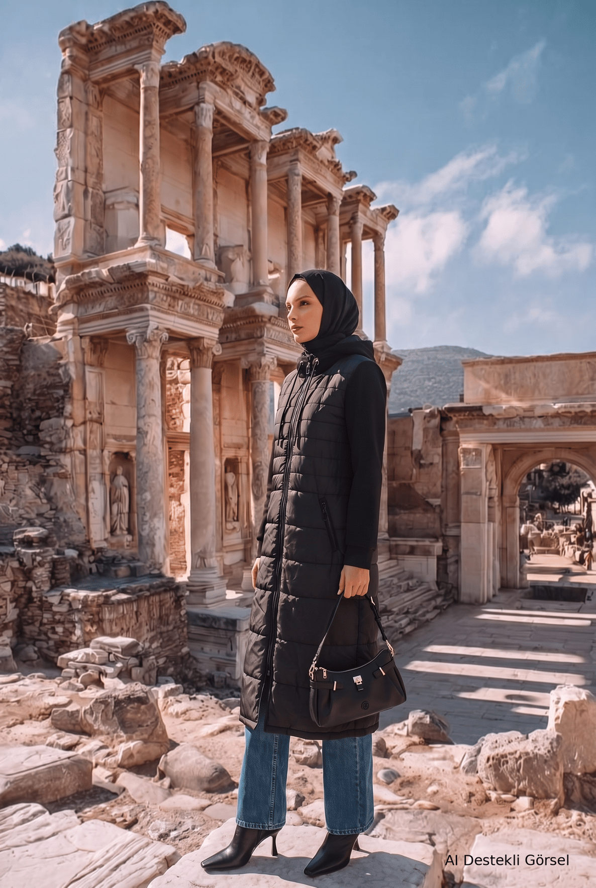 Kapüşonlu Fermuarlı Kapitone Detaylı Uzun Günlük Giy Çık Siyah