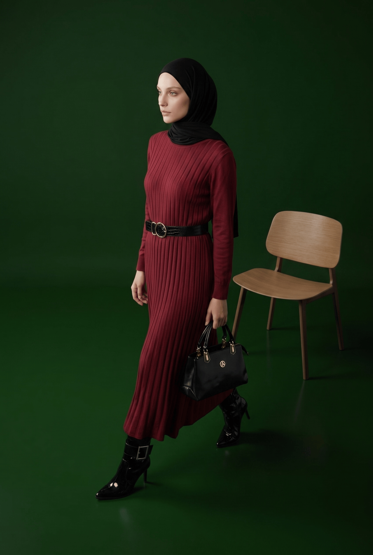 Kendinden Çizgili Triko Elbise Bordo 25KTD901