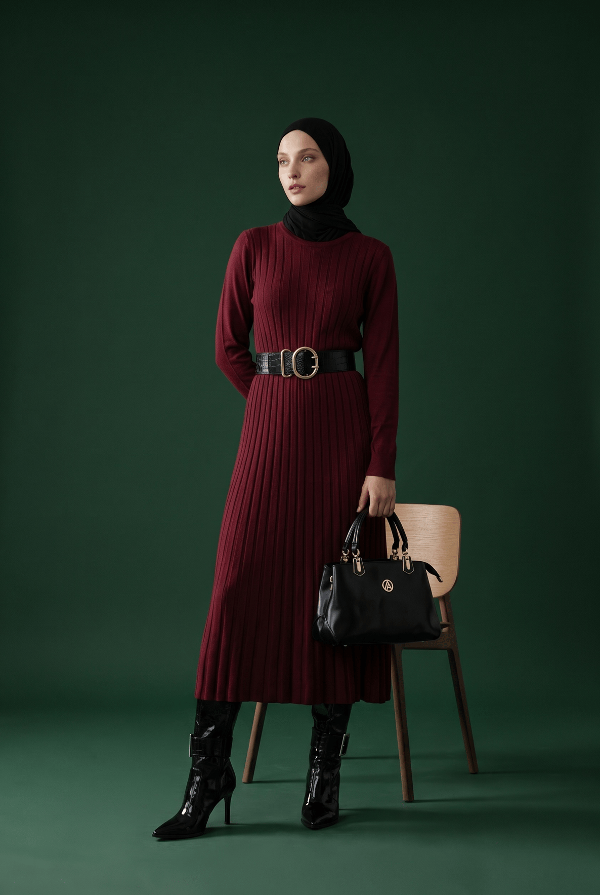 Kendinden Çizgili Triko Elbise Bordo 25KTD901