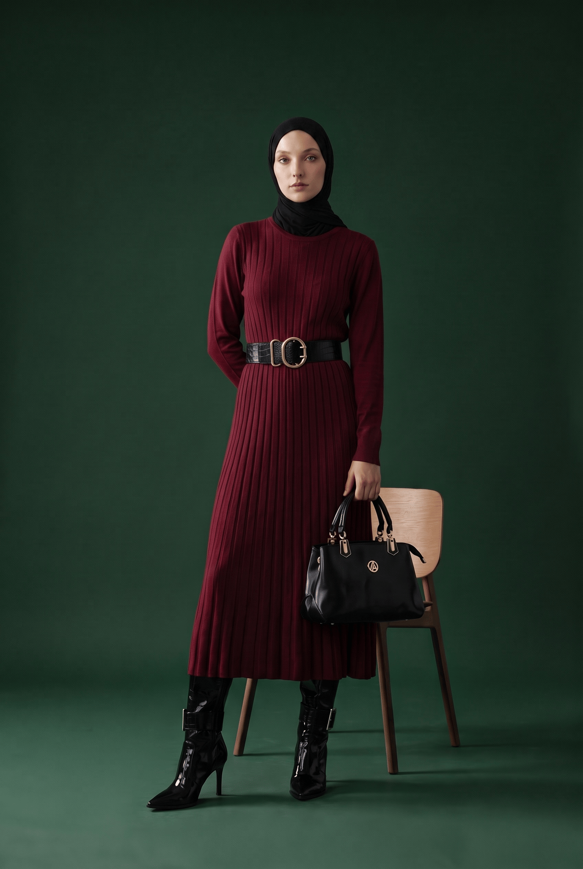 Kendinden Çizgili Triko Elbise Bordo 25KTD901