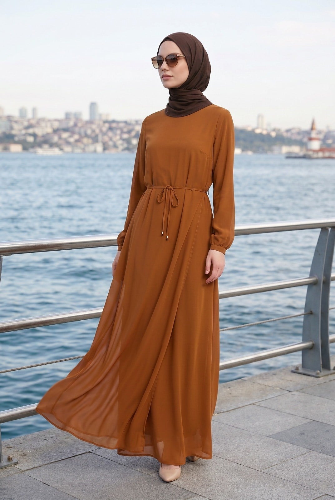 Kolları Lastikli Astarlı Elbise A.kahve 25YT927