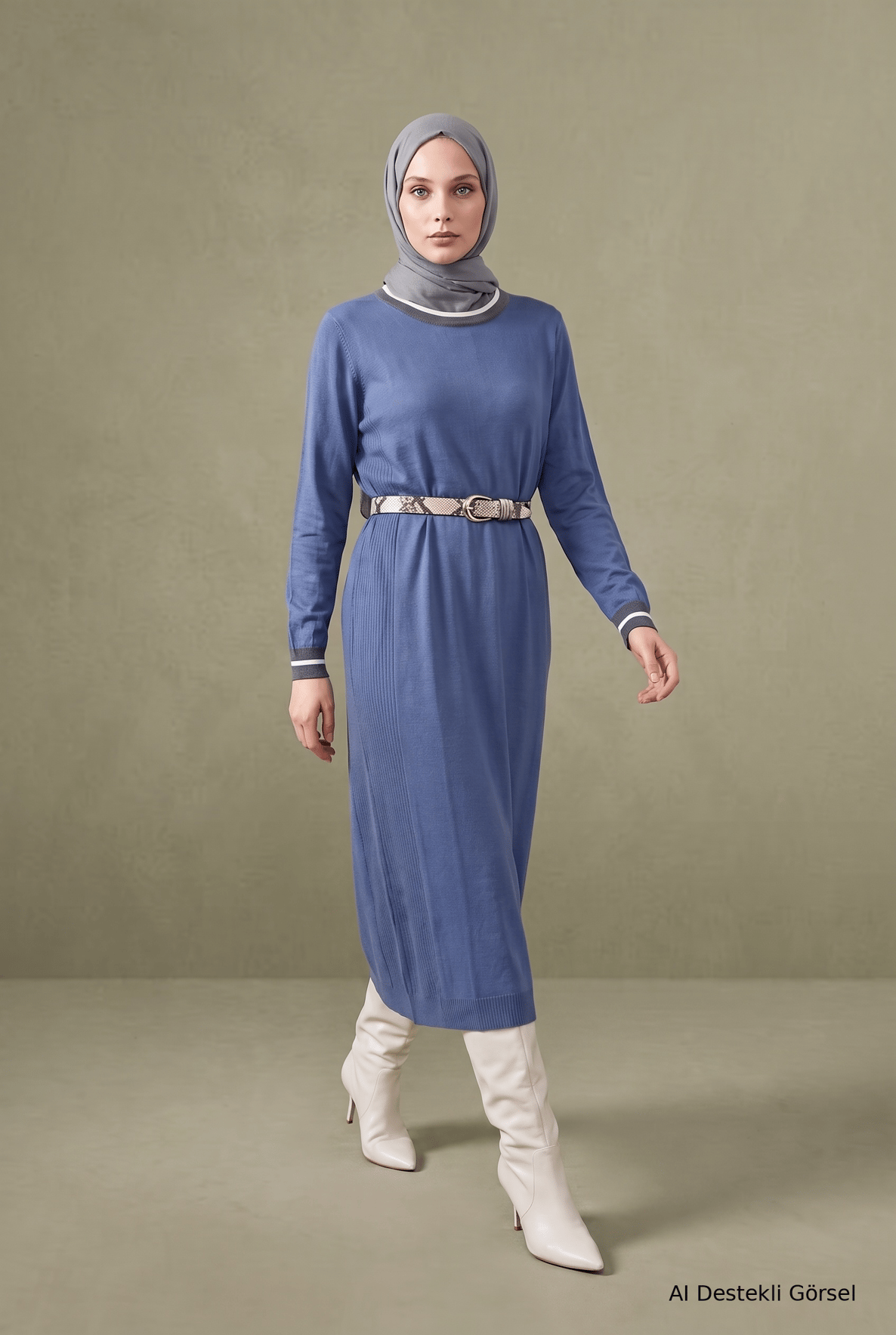 Kontrast Şerit Detaylı Uzun Triko Elbise İndigo 22KD4243
