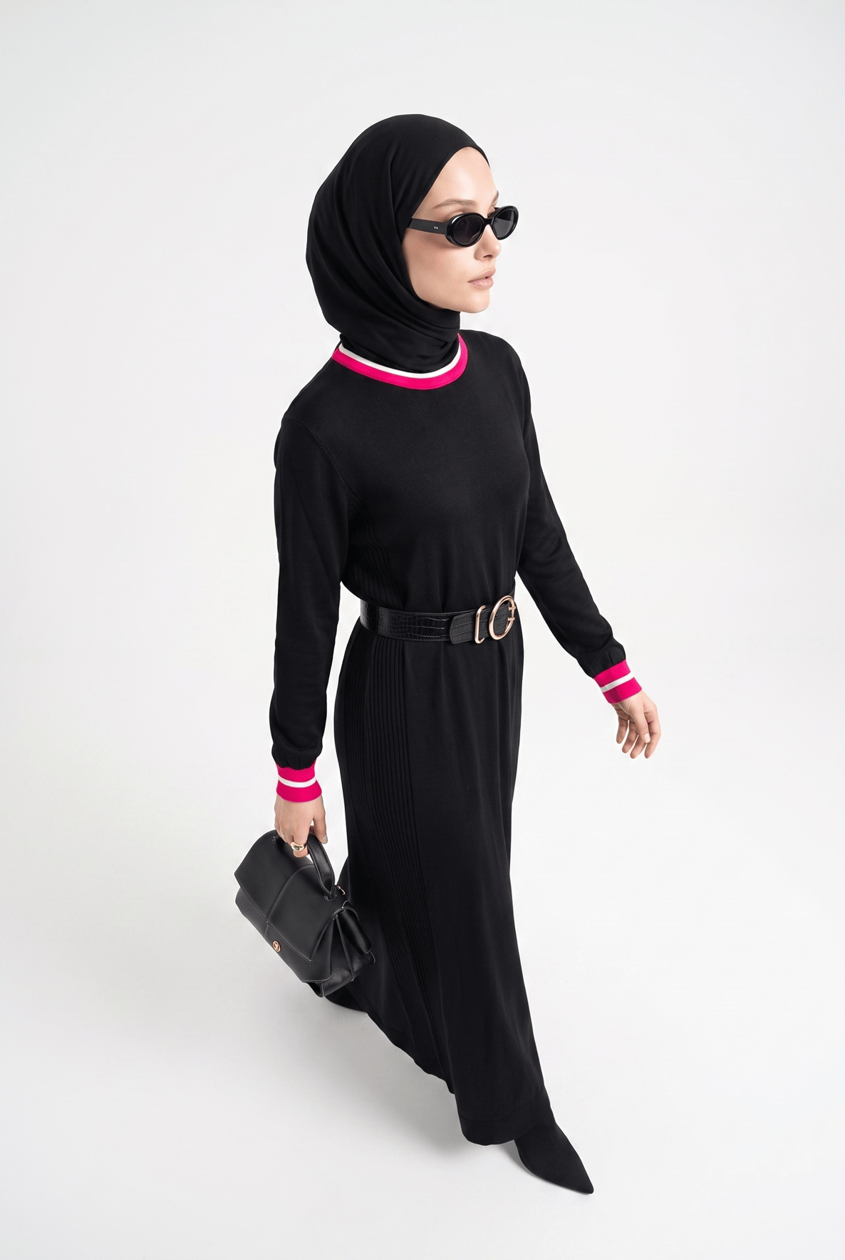 Kontrast Şerit Detaylı Uzun Triko Elbise Siyah 22KD4243