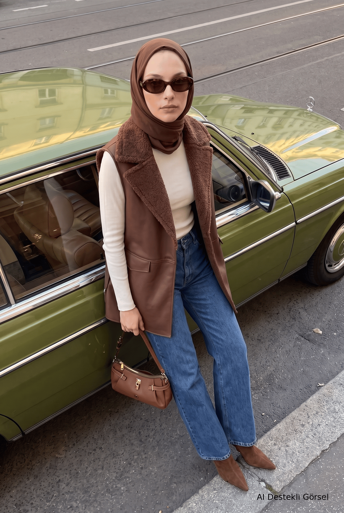 Kürklü Yaka Yandan Cepli Yelek 86 Cm Boy Taba 26KT549