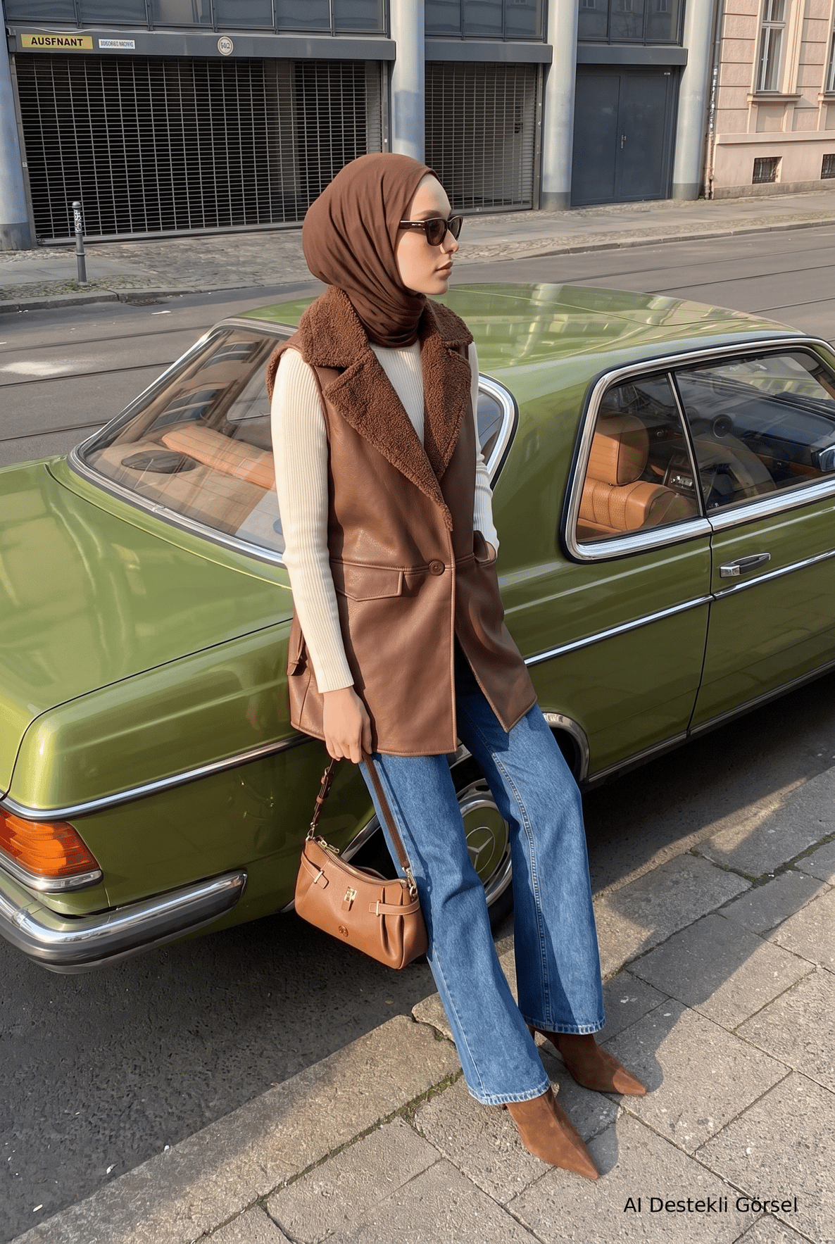 Kürklü Yaka Yandan Cepli Yelek 86 Cm Boy Taba 26KT549