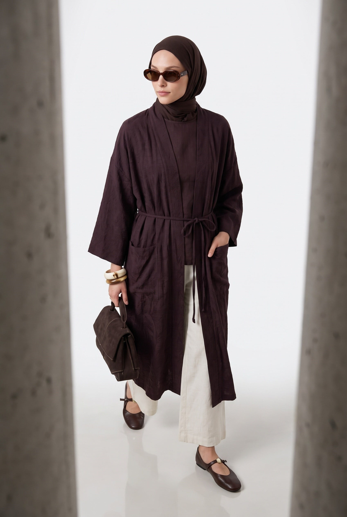 Kuşaklı Cepli Uzun Tesettür Kimono Kahverengi 26YA511