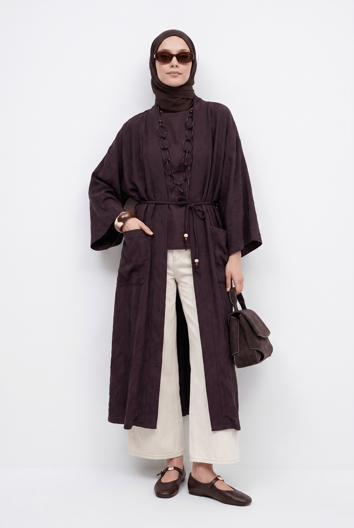 Kuşaklı Cepli Uzun Tesettür Kimono Kahverengi 26YA511