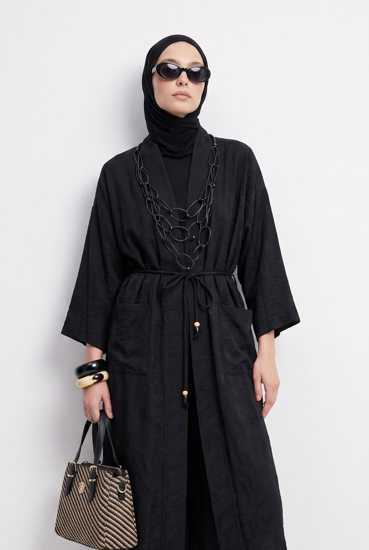 Kuşaklı Cepli Uzun Tesettür Kimono Siyah 26YA511