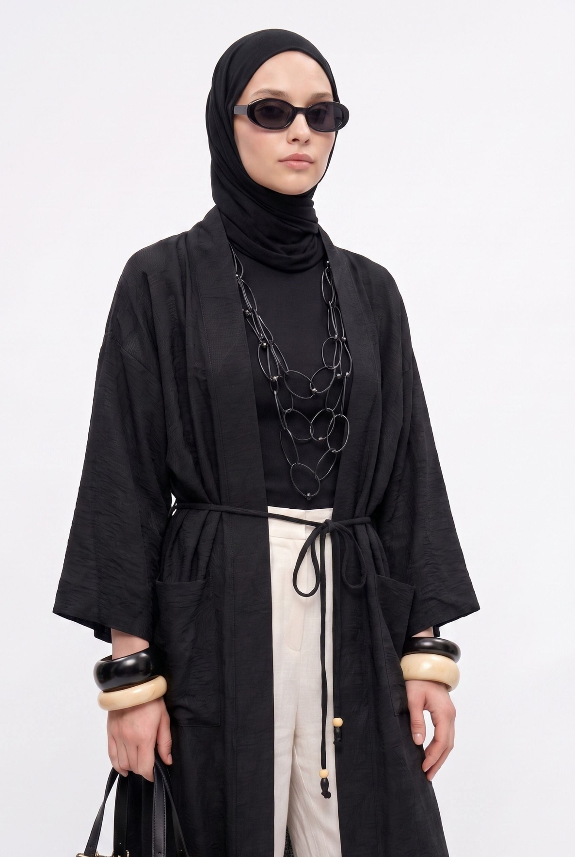 Kuşaklı Cepli Uzun Tesettür Kimono Siyah 26YA511