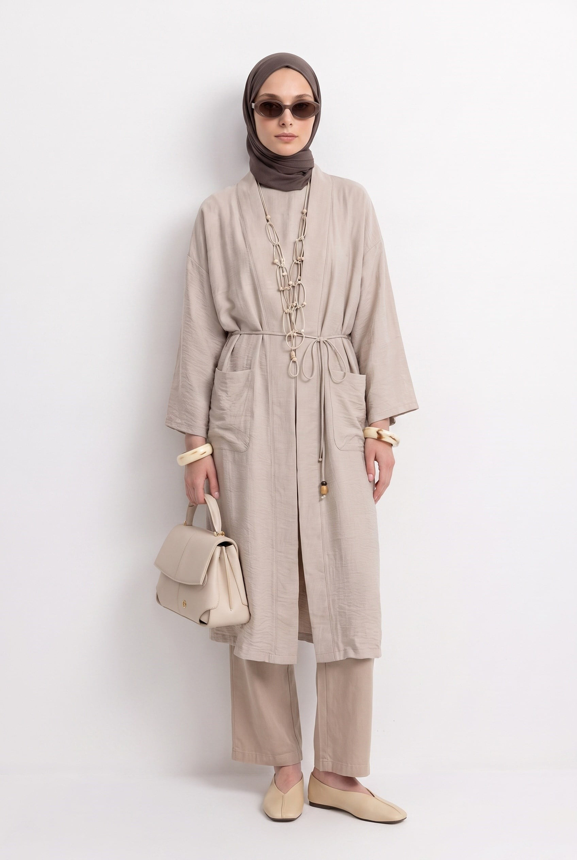 Kuşaklı Cepli Uzun Tesettür Kimono Taş 26YA511
