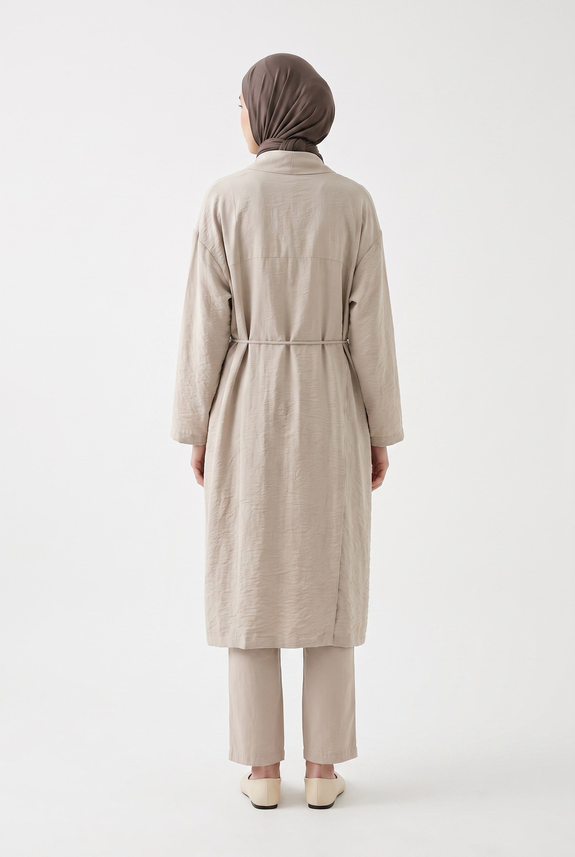 Kuşaklı Cepli Uzun Tesettür Kimono Taş 26YA511