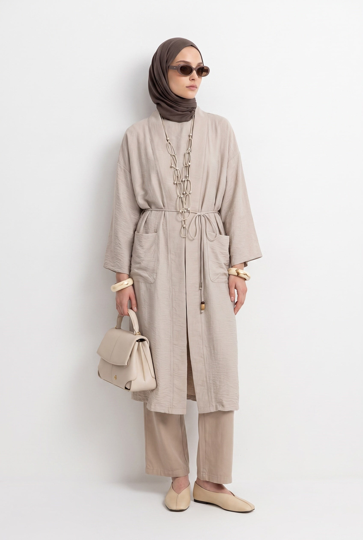 Kuşaklı Cepli Uzun Tesettür Kimono Taş 26YA511