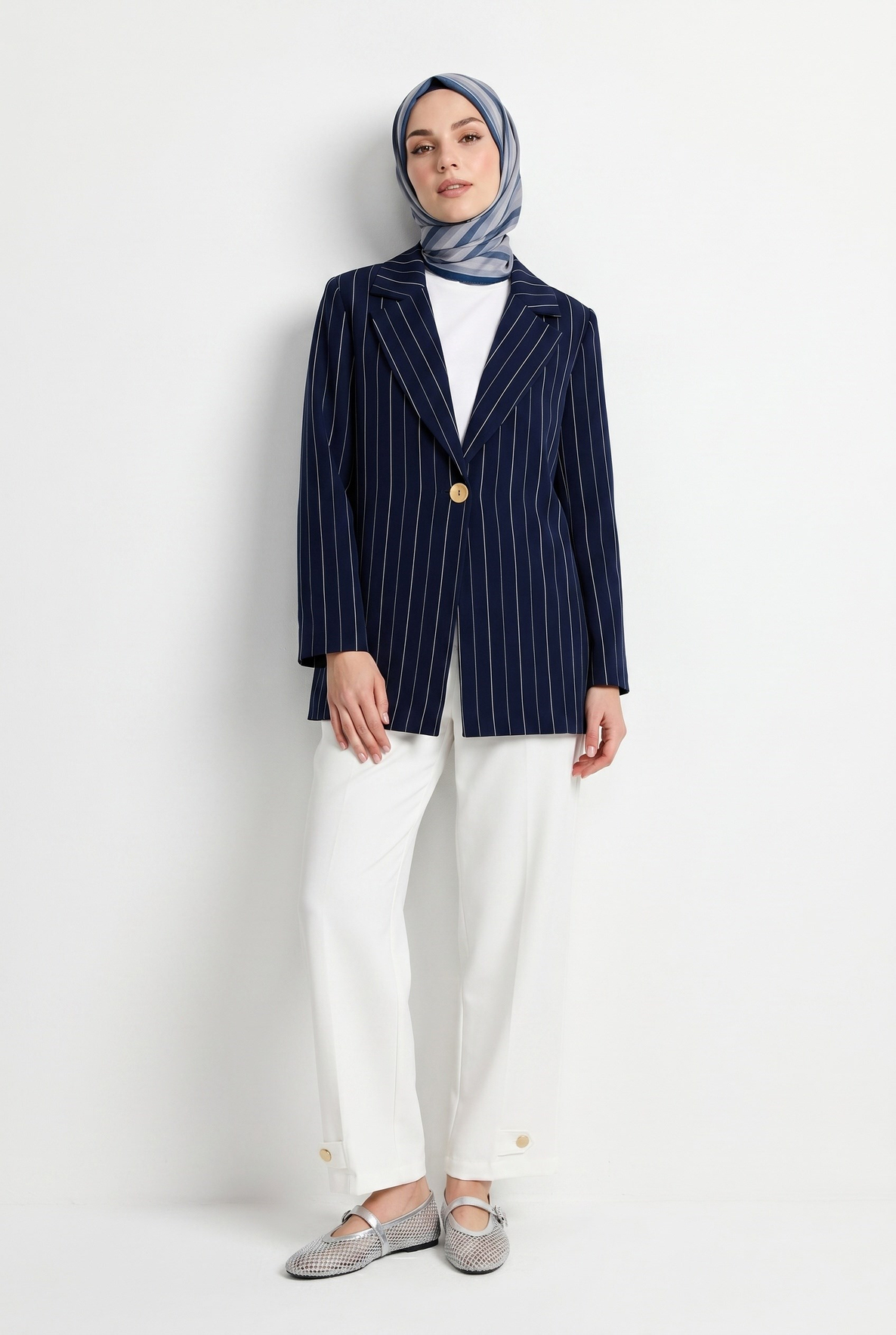 Lacivert İnce Çizgili Blazer Pantolonlu İkili Takım Lacivert 26YT643
