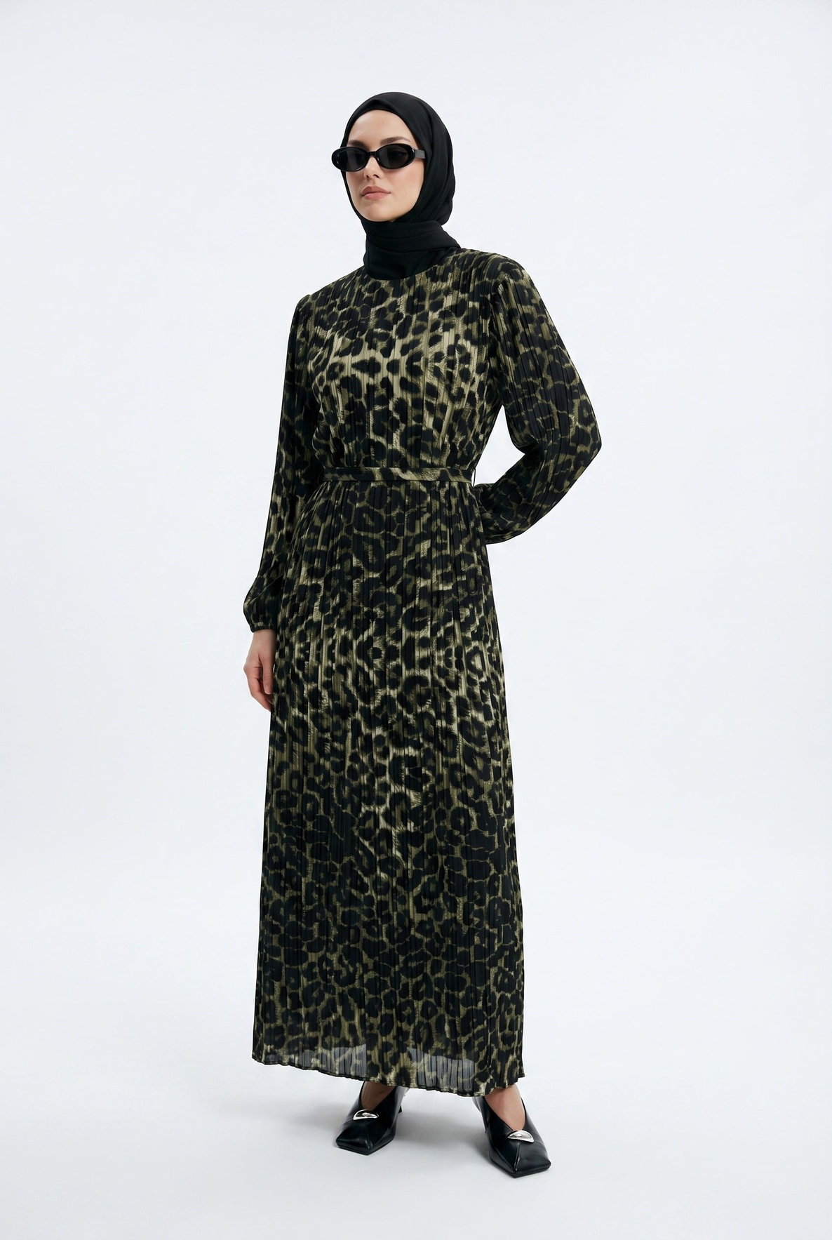 Leopar Desenli Şifon Elbise Siyah 24KT907