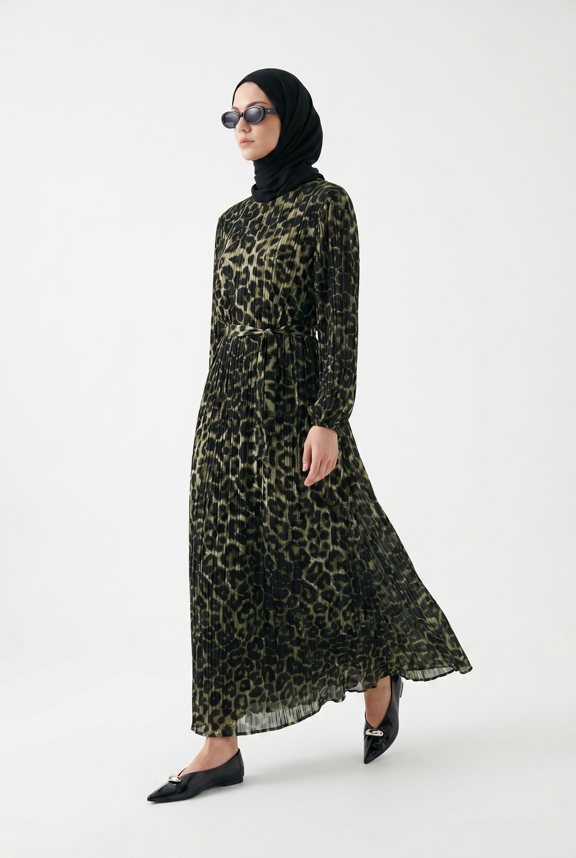 Leopar Desenli Şifon Elbise Siyah 24KT907
