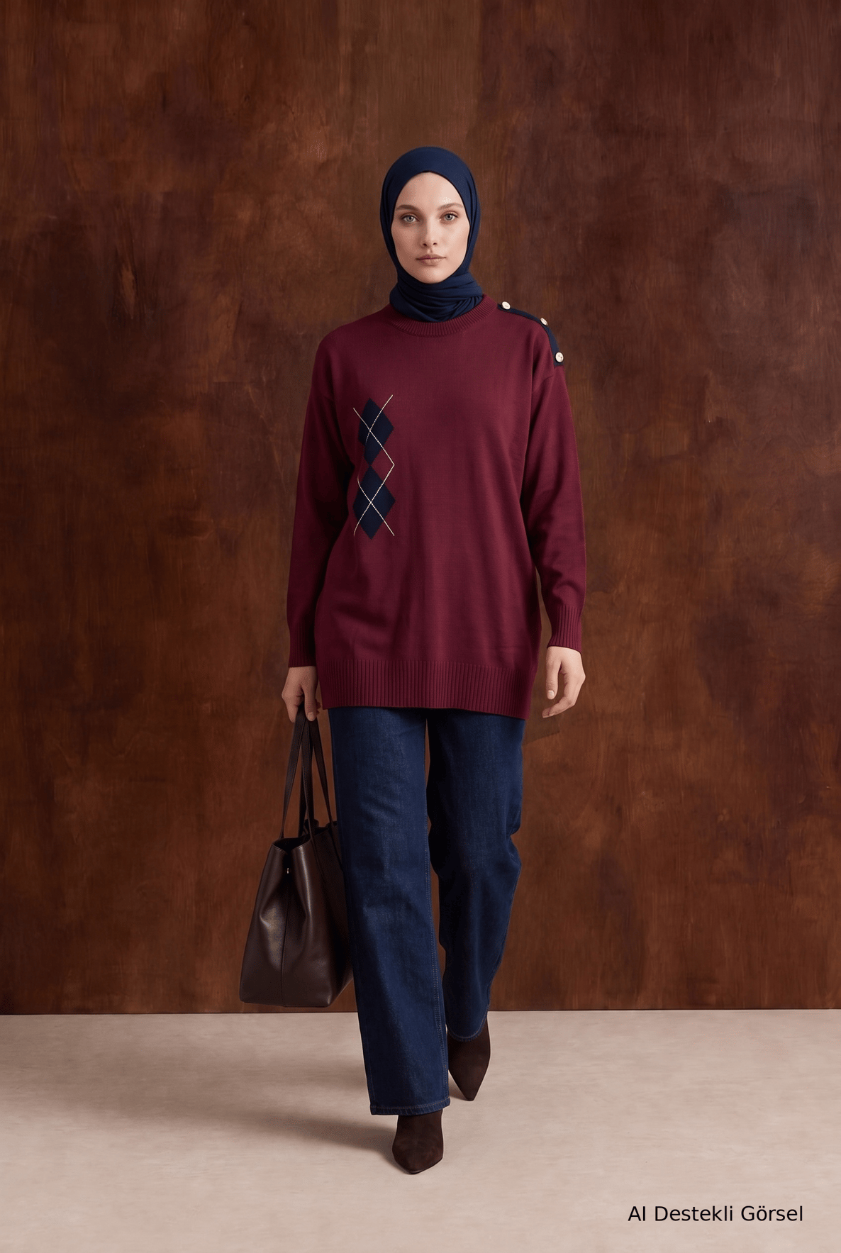 Omuz Düğme Detaylı Bisiklet Yaka Baklava Desenli Tunik 81 Cm Boy Bordo 26KTD420