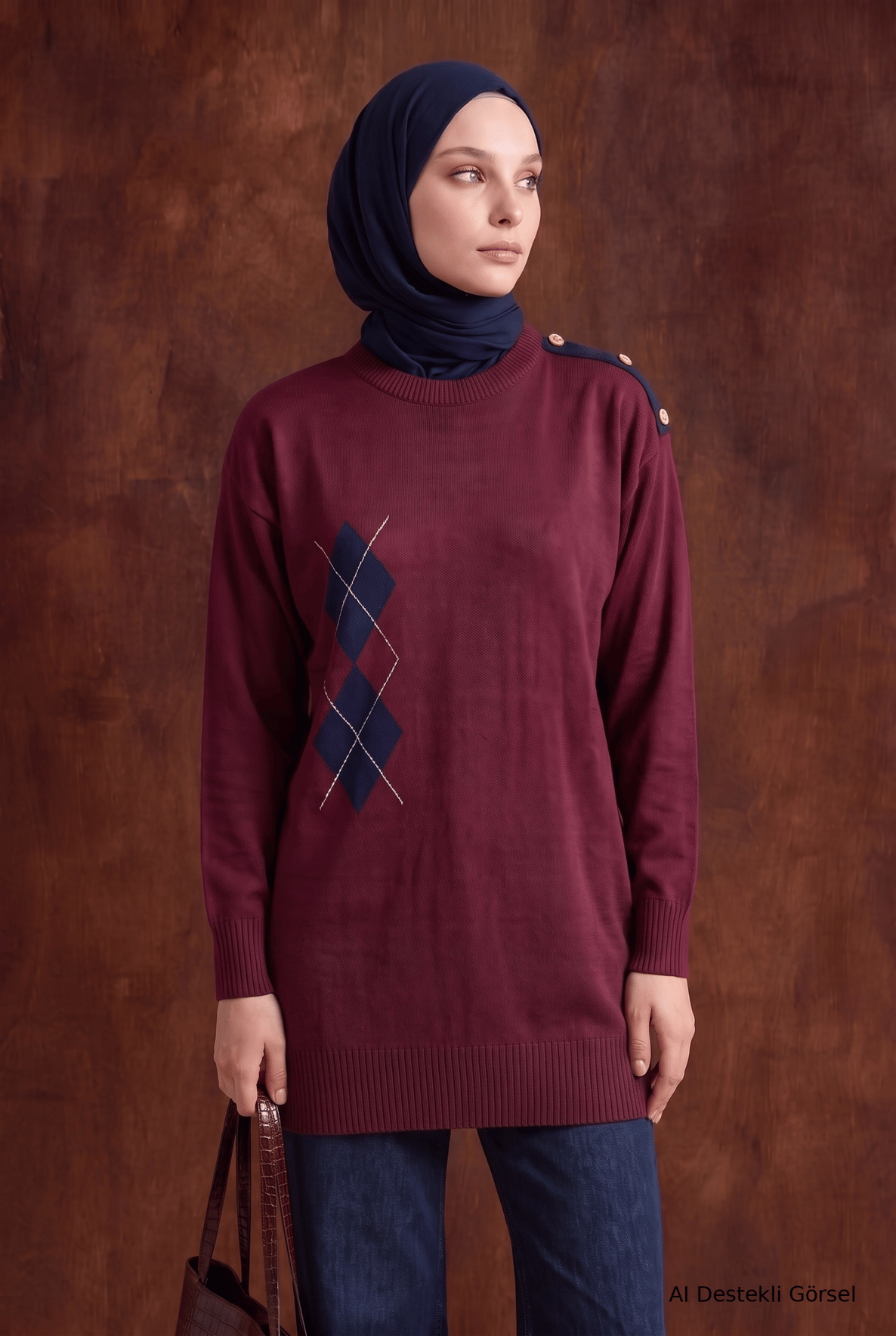 Omuz Düğme Detaylı Bisiklet Yaka Baklava Desenli Tunik 81 Cm Boy Bordo 26KTD420
