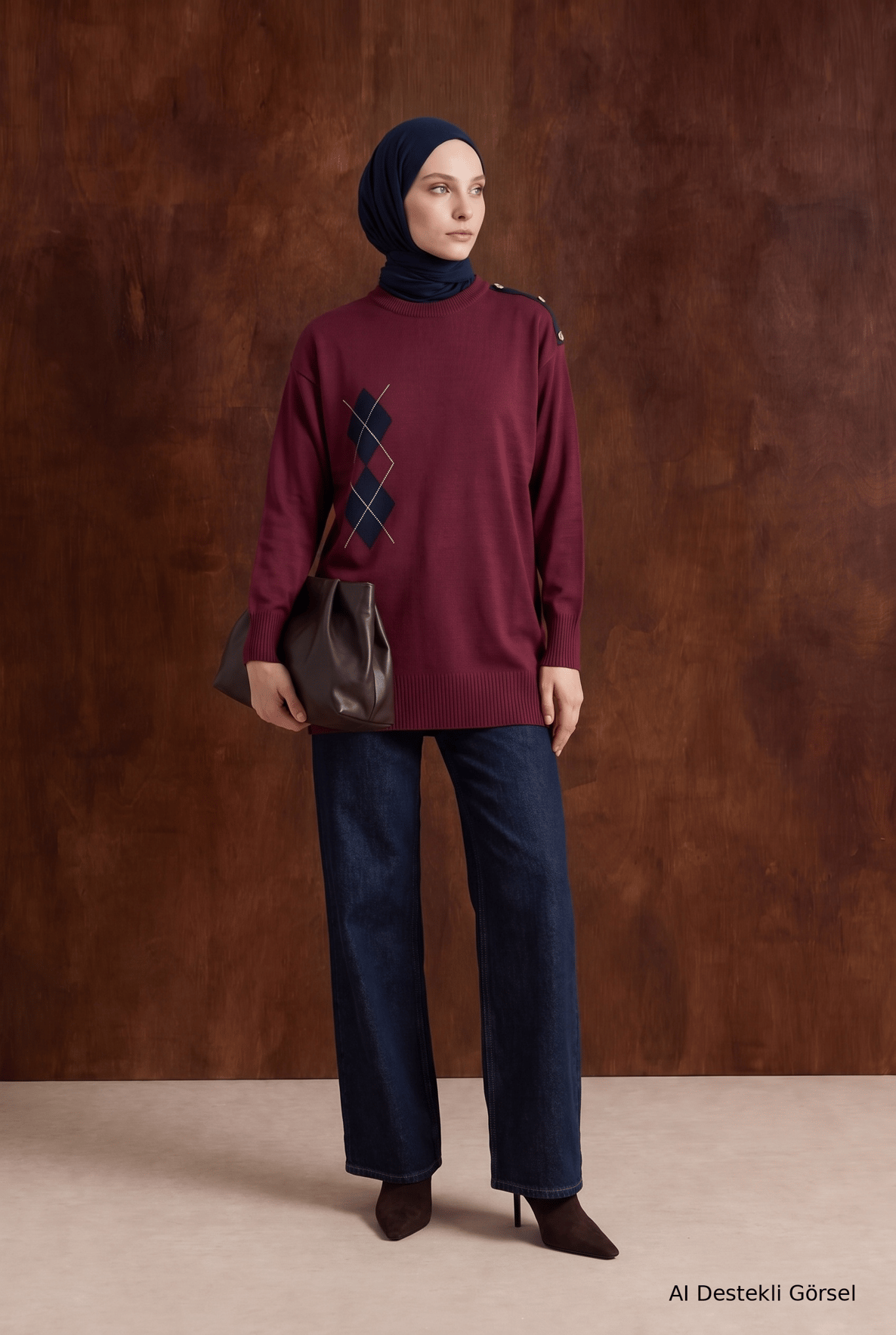 Omuz Düğme Detaylı Bisiklet Yaka Baklava Desenli Tunik 81 Cm Boy Bordo 26KTD420