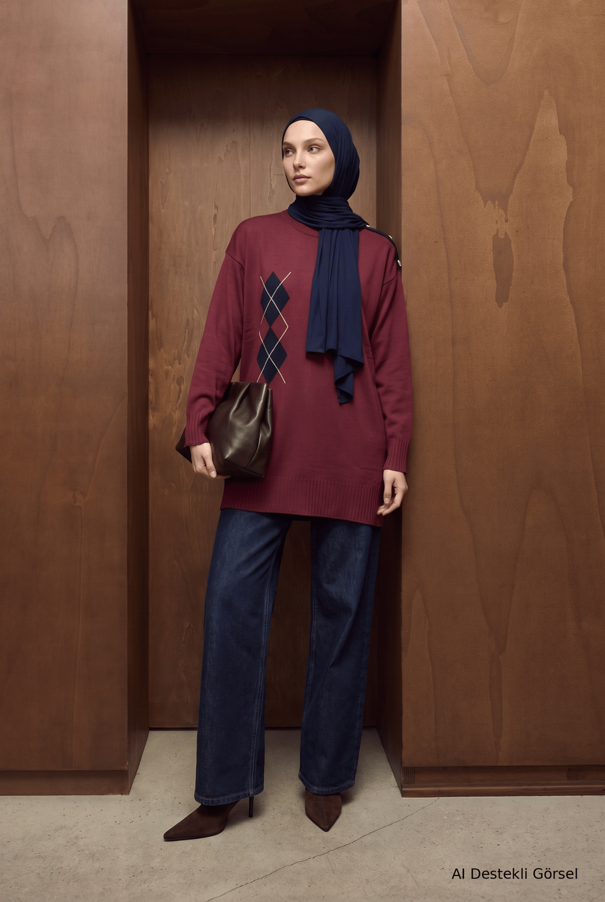 Omuz Düğme Detaylı Bisiklet Yaka Baklava Desenli Tunik 81 Cm Boy Bordo 26KTD420