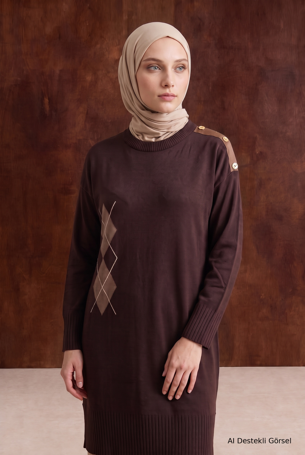 Omuz Düğme Detaylı Bisiklet Yaka Baklava Desenli Tunik 81 Cm Boy Kahverengi 26KTD420