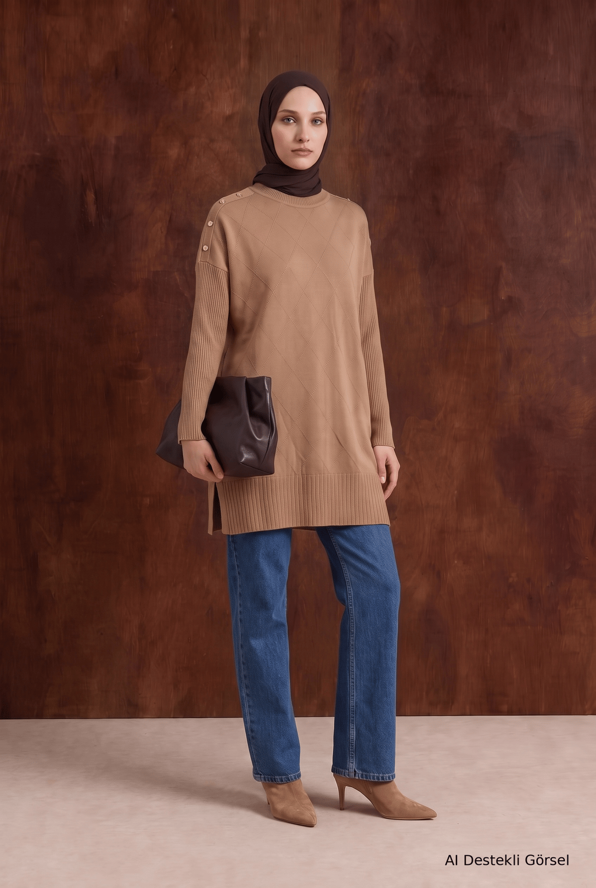 Omuzları Düğme Detaylı Triko Tunik Latte 24KTD407