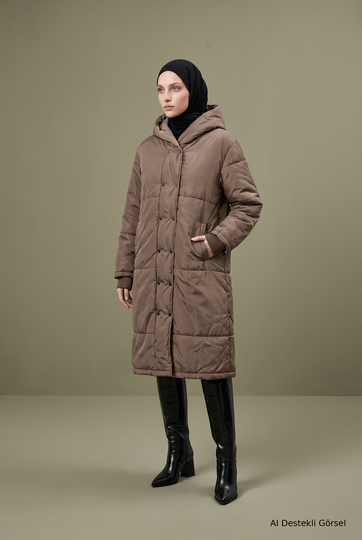 Tam Boy Çıtçıt Düğmeli Çift Cepli Kapüşonlu Mont 116 Cm Boy Vizon 25KT751