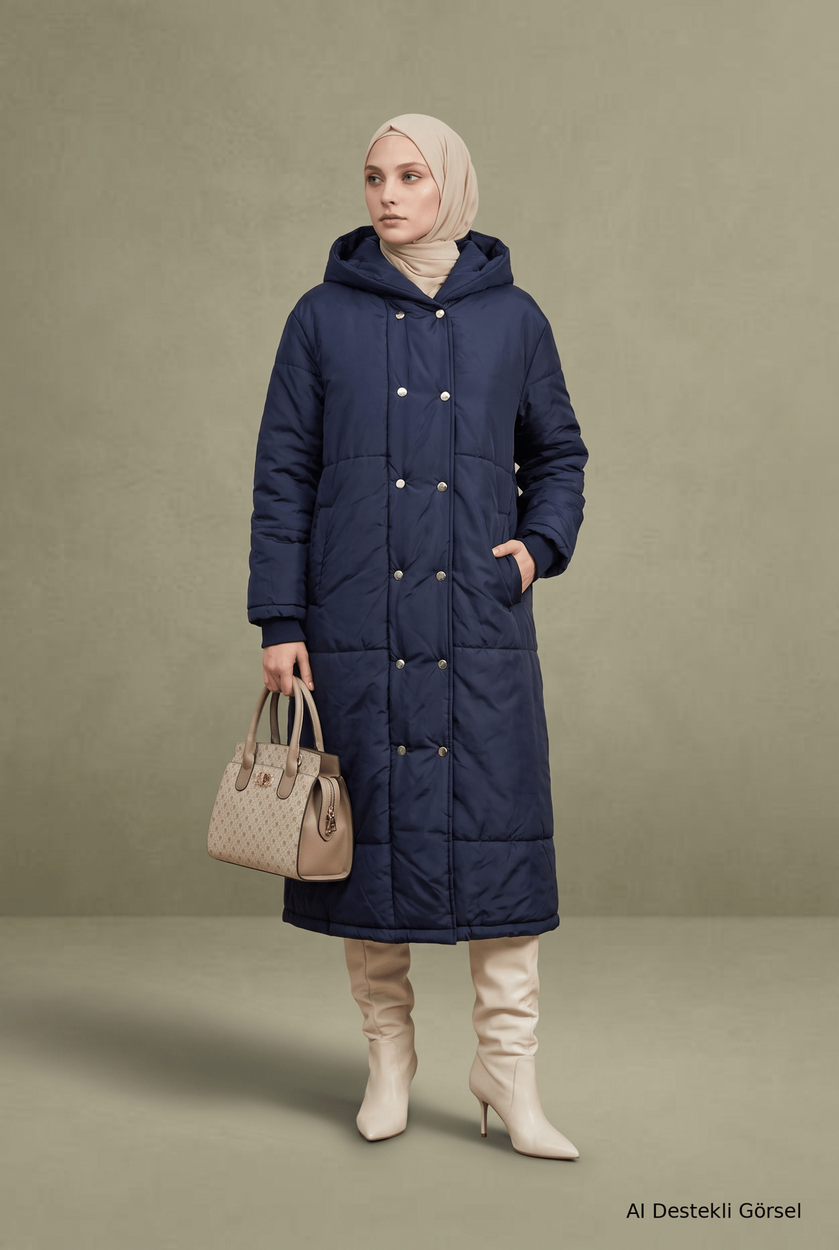 Tam Boy Çıtçıt Düğmeli Çift Cepli Kapüşonlu Mont 116 Cm Boy Lacivert 25KT751
