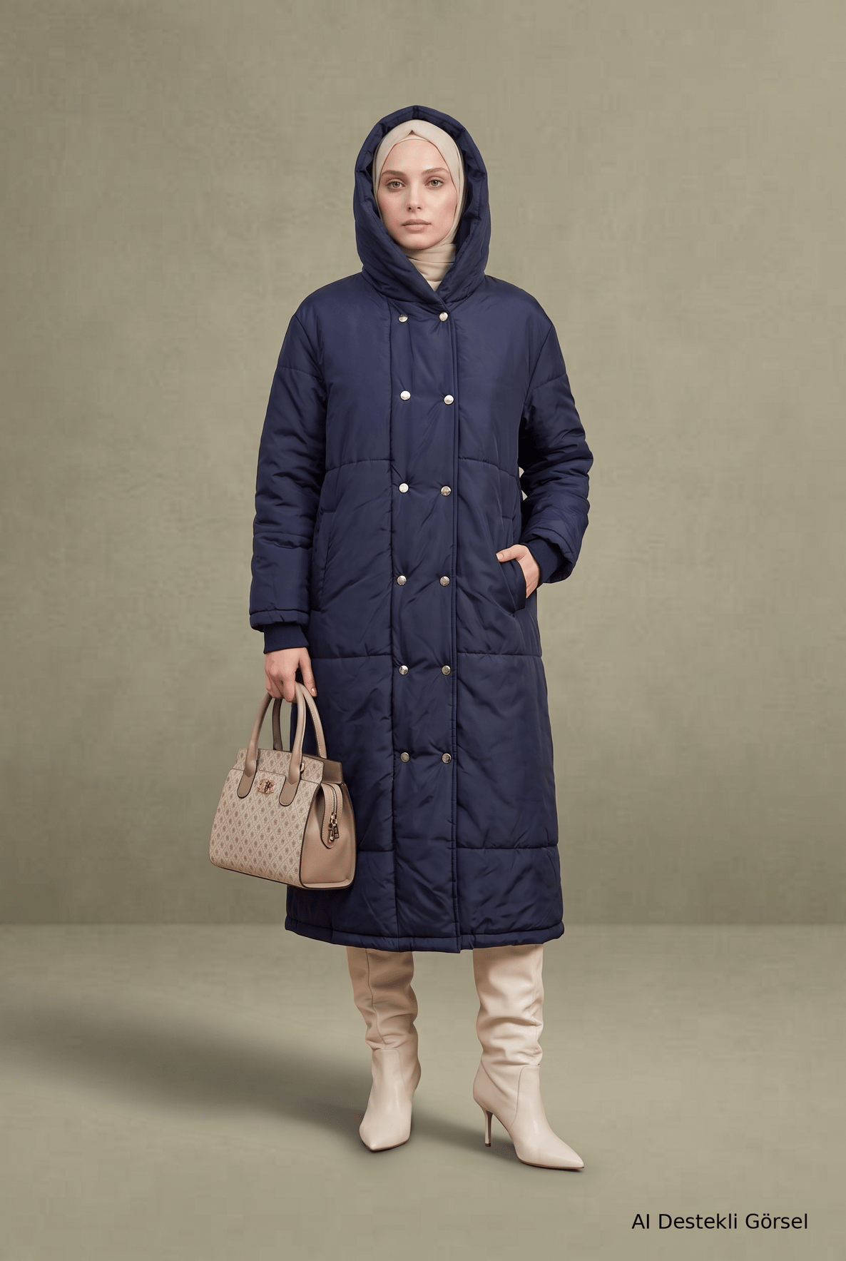 Tam Boy Çıtçıt Düğmeli Çift Cepli Kapüşonlu Mont 116 Cm Boy Lacivert 25KT751