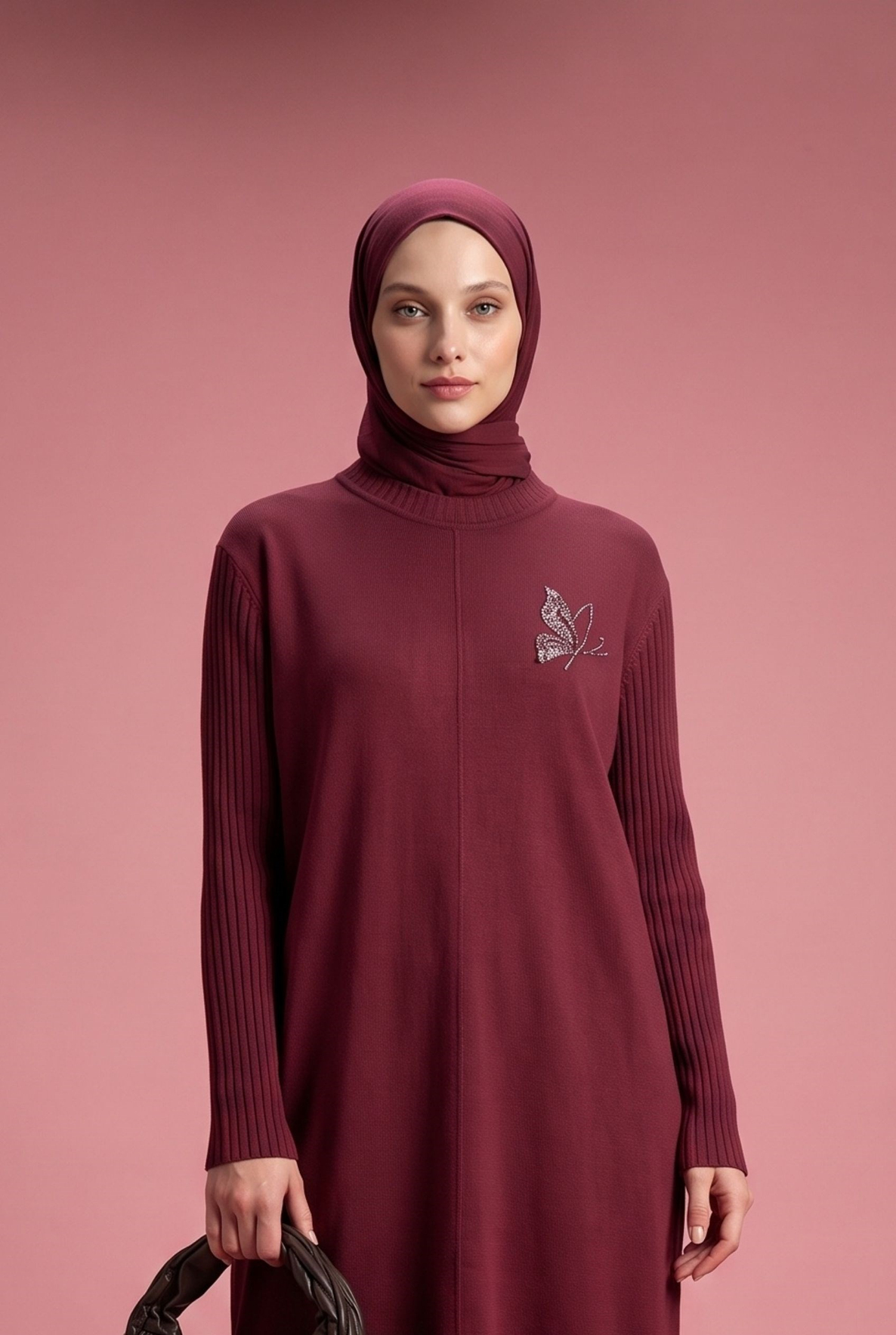 Taş İşleme Detaylı Bisiklet Yaka Uzun Kollu Fitilli Detaylı Tunik Bordo 26KAD407