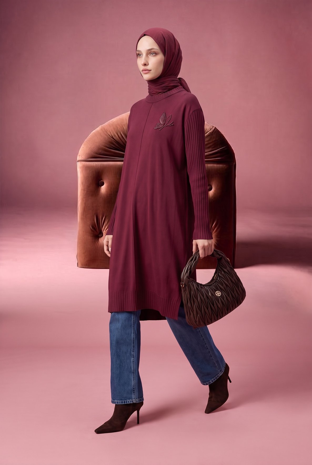 Taş İşleme Detaylı Bisiklet Yaka Uzun Kollu Fitilli Detaylı Tunik Bordo 26KAD407
