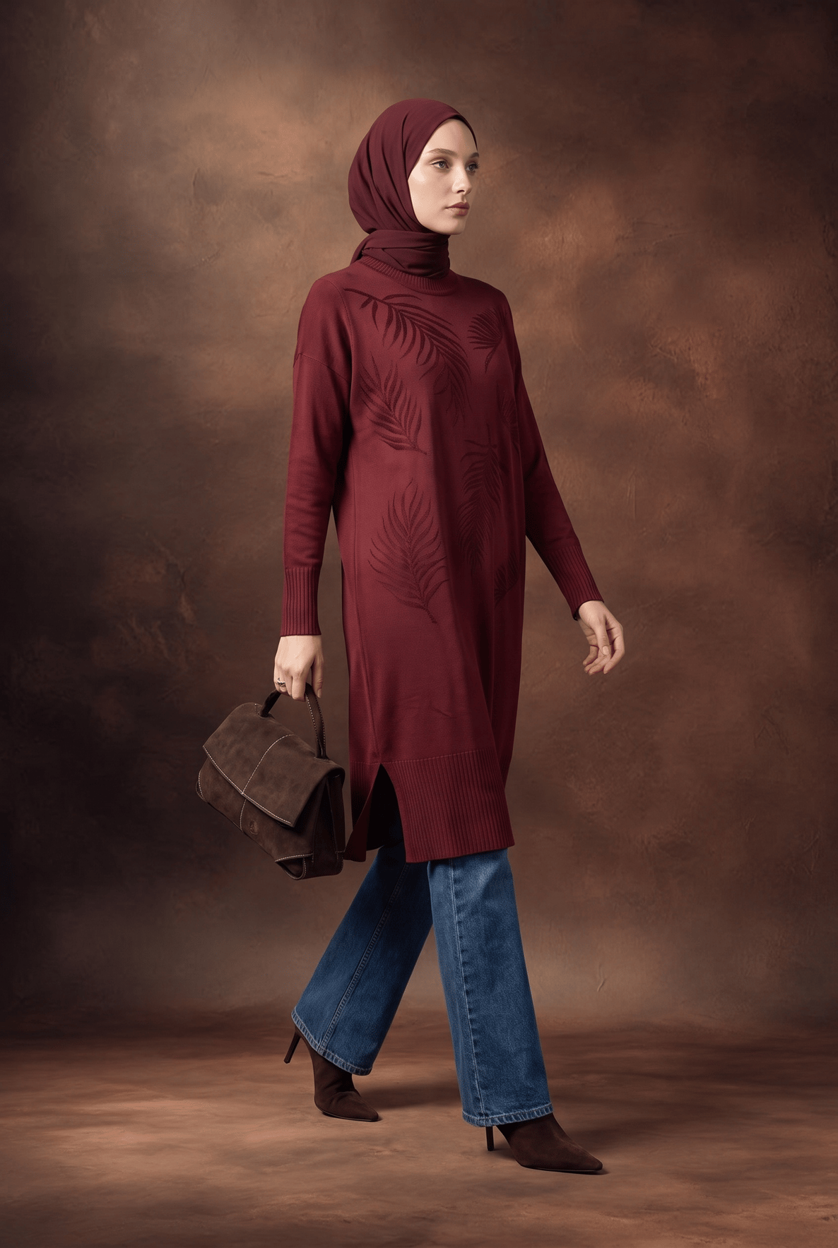 Yaprak Desenli Bisiklet Yaka Uzun Kollu Fitilli Detaylı Tunik Bordo 26KTD408