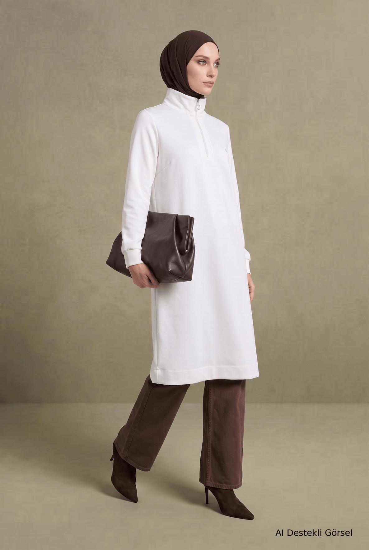 Yarım Fermuarlı Dik Yaka Uzun Kollu Rahat Kesim Basic Uzun Tunik 107 Cm Boy Ekru 26KT456