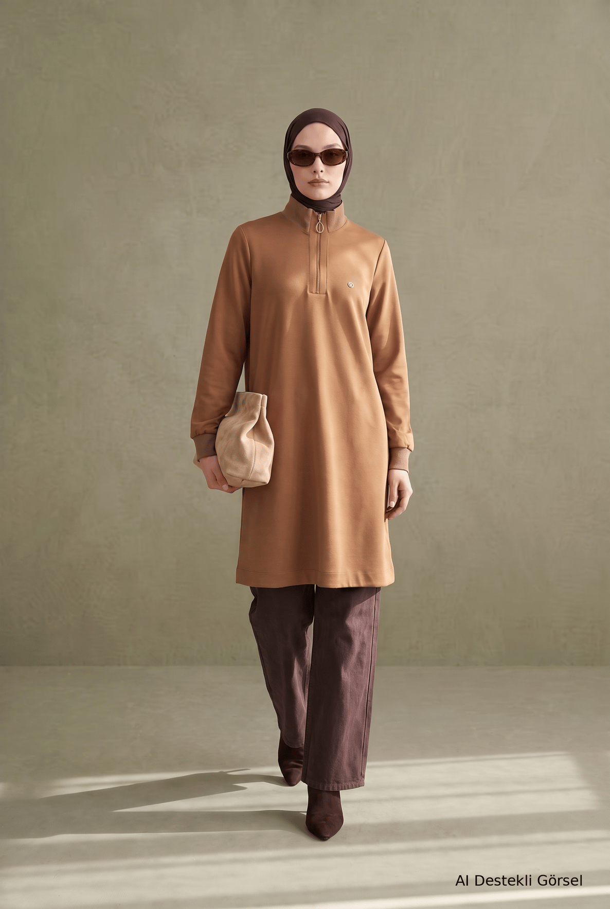 Yarım Fermuarlı Dik Yaka Uzun Kollu Rahat Kesim Basic Uzun Tunik 107 Cm Boy Taba 26KT456