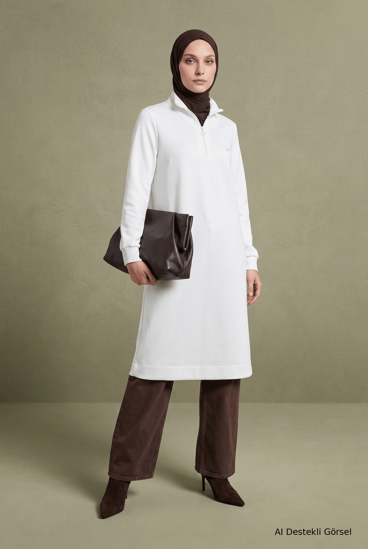 Yarım Fermuarlı Dik Yaka Uzun Kollu Rahat Kesim Basic Uzun Tunik 107 Cm Boy Ekru 26KT456