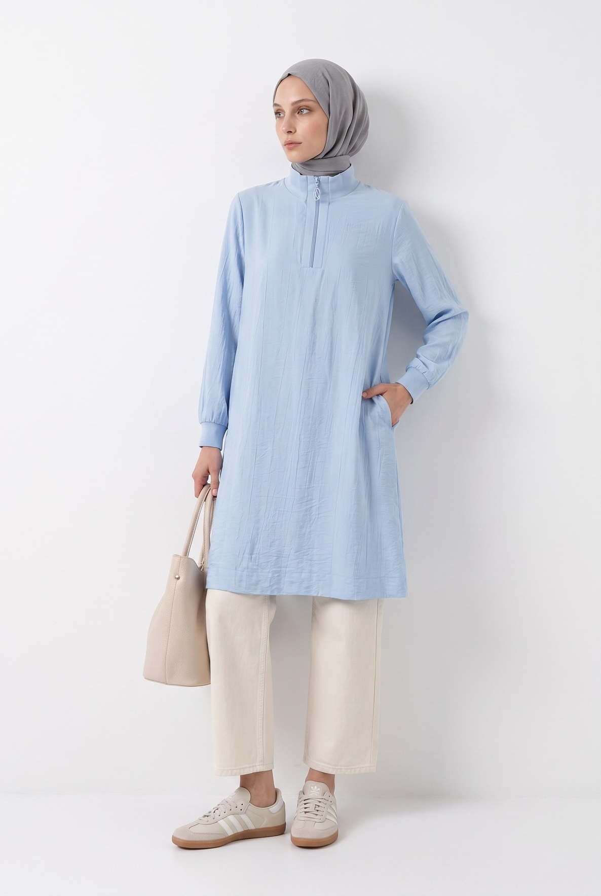 Yarım Fermuarlı Kolları Lastikli Çilek Kumaş Tunik Mavi 26YT462